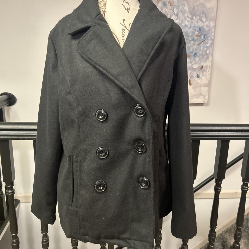 ATTENTION black Ribbed Double-Breasted PEA COAT / JACKET Women's Size Lg